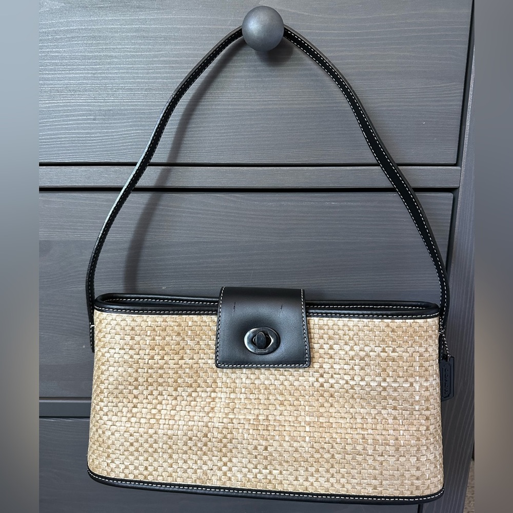 Coach purse woven material, black, and natural straw color